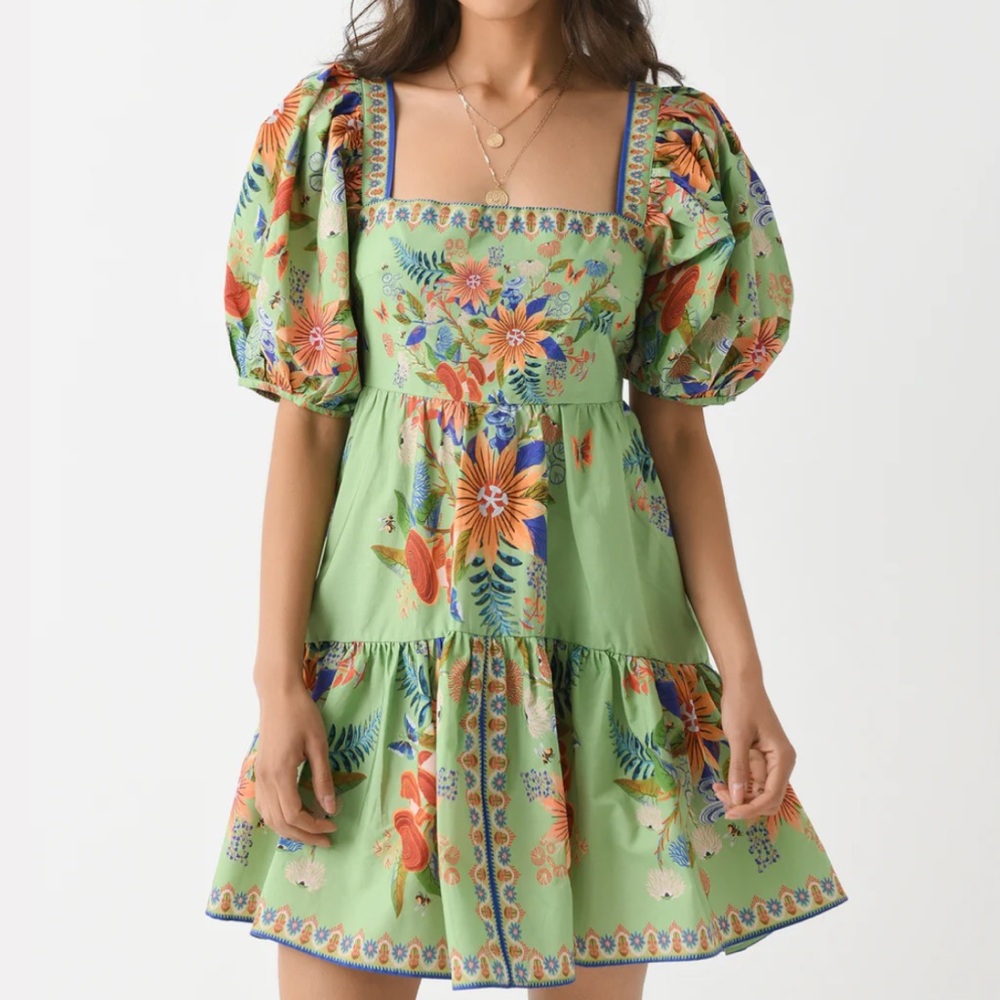 Farm Rio Green Puff Sleeve Bright Yard Mini Dress